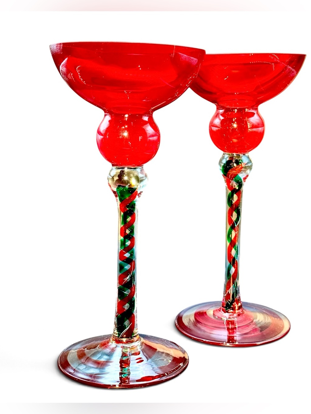 Jozefina Krosno Poland Hand Blown Red Glass Candleholders Twisted Stem Pair 10”